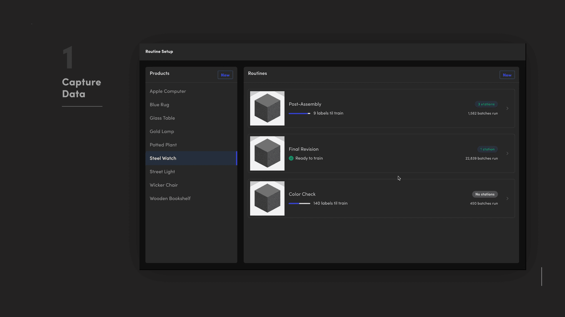Routine Setup screen showing Products list with inspection routines and modular training progress per routine