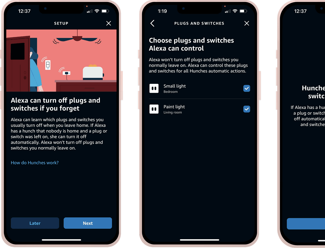 Three-screen Hunches setup flow: onboarding explanation → choose which plugs Alexa can control → 'Hunches for plugs and switches are ready'