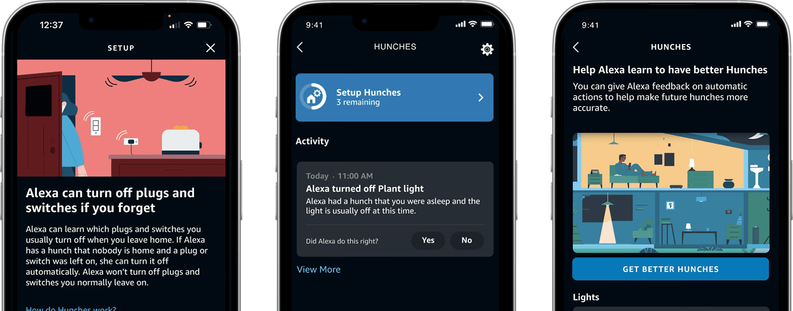 Three core Alexa Hunches screens: Setup explaining what Alexa can learn, Hunches Activity with Yes/No feedback on an automatic action, and Help Alexa Learn with Get Better Hunches CTA