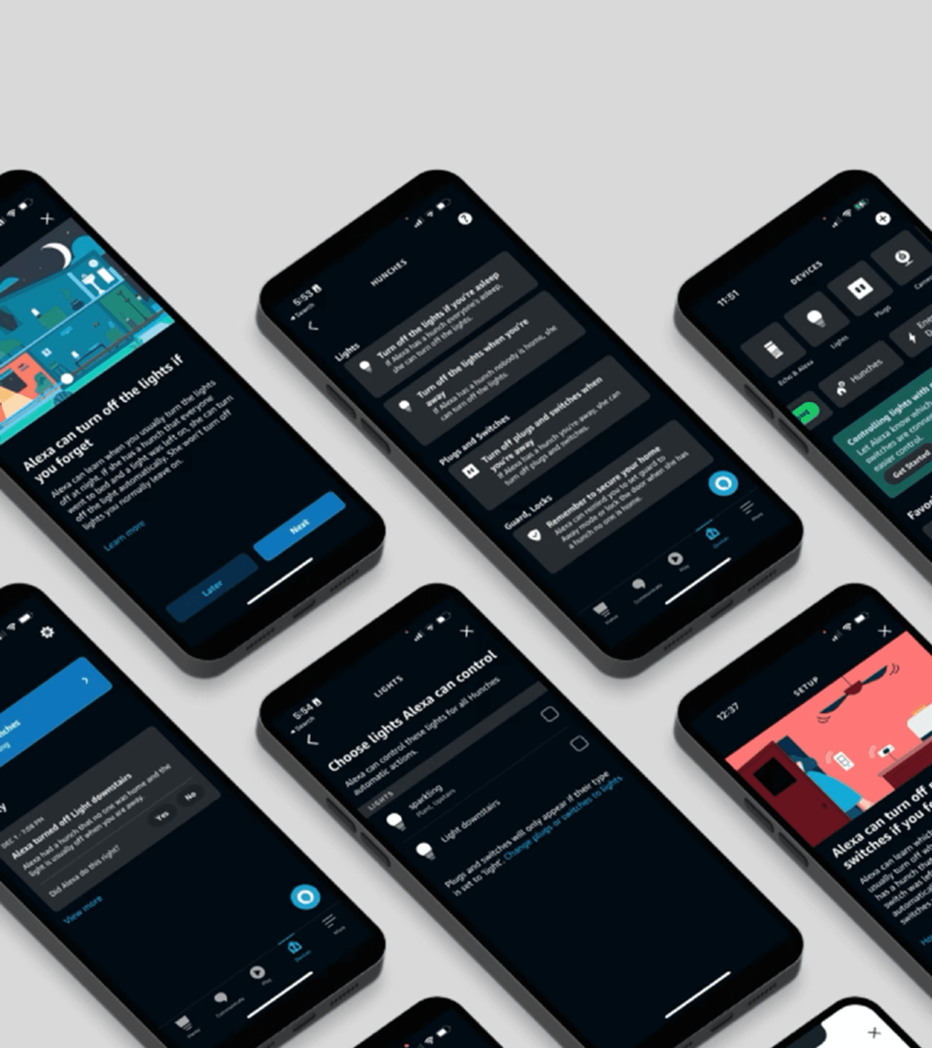 Isometric overview of all Alexa Hunches app screens showing the full product ecosystem
