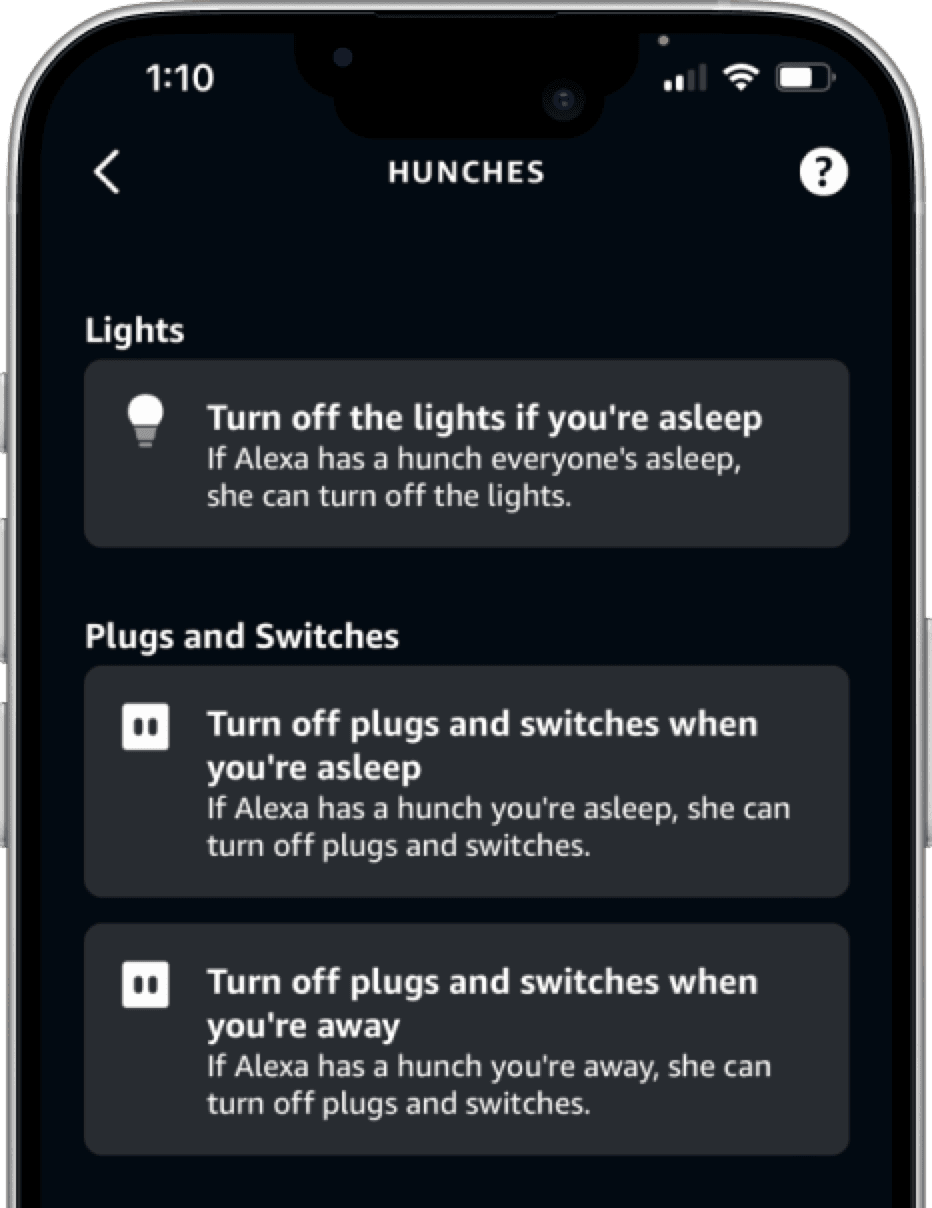 Hunches settings screen showing Lights automation ('Turn off the lights if you're asleep') and Plugs and Switches automations organized by category