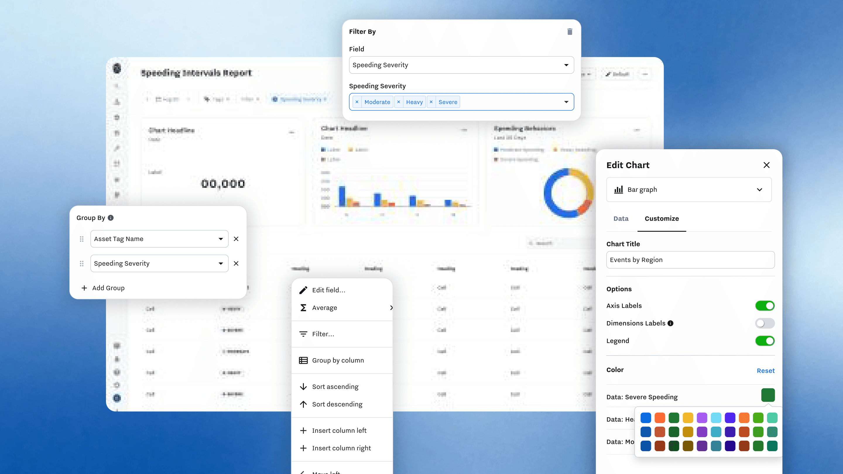 Samsara report editor showing inline filter panel, Group By controls, and chart editing panel open simultaneously