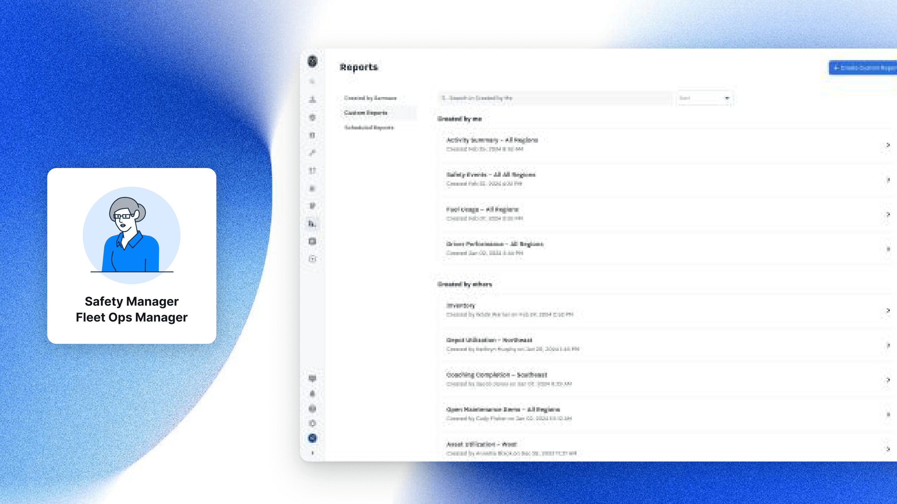 Samsara reports list UI showing Safety Manager user flow